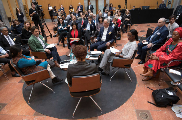Panel: Partnering for Change. Sunitha Krishnan, Christopher Lockyear, Dr. Katrine Camilleri, Dr. Michael Werz, Saran Kaba Jones, Dr. Dorothee Nolte